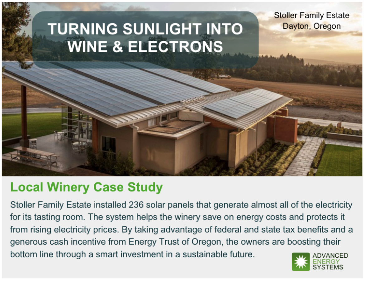 Solar panels on the roof of Stoller Family Estate’s tasting room with sunset in the background. Text reads, “Turning Sunlight into Wine & Electrons.”<br />
